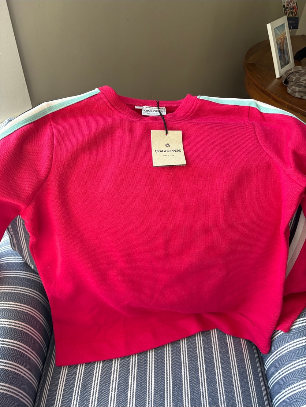 Craghoppers Hot Pink Sweater with Light Blue and White Shoulder Stripes